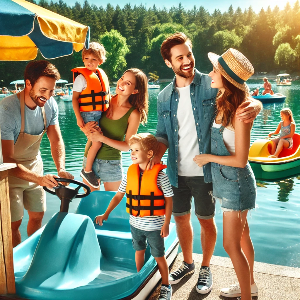 a happy family with pedalo